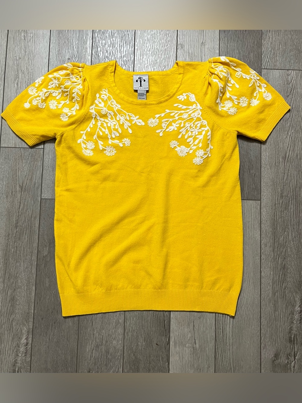 Talbots Yellow Puff Sleeve Floral Embroidered Knit Top
